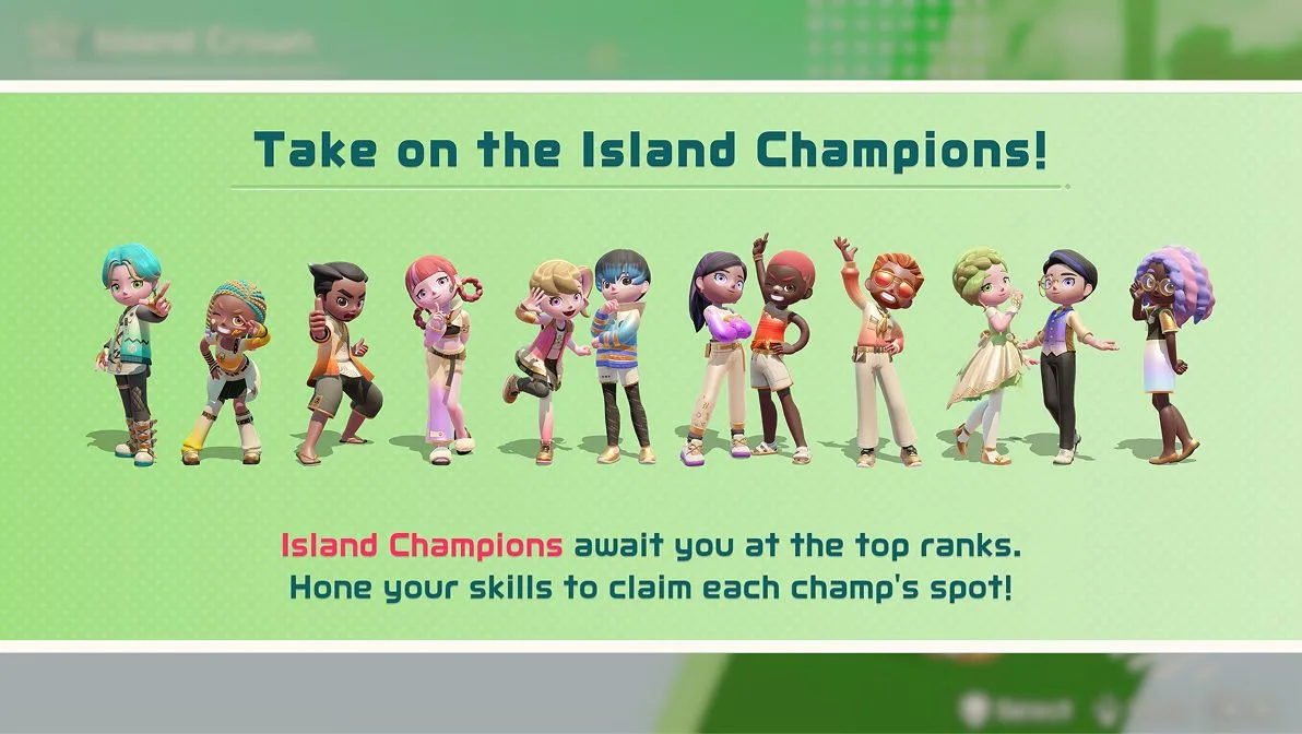 Island Crown screen reading Take on the Island Champions, with the line-up of champions