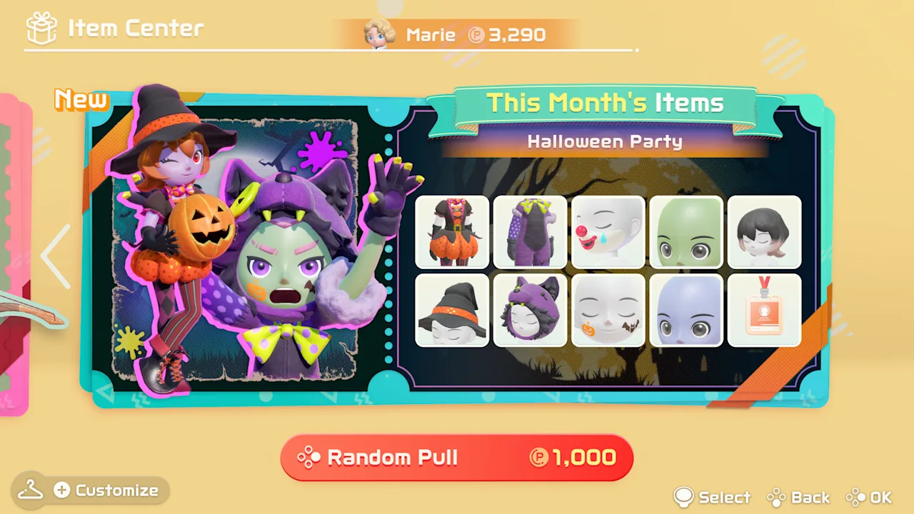 Item Center screen showing This Month's Items, a Halloween Party collection, and a Random Pull for 1,000 Spocco Points
