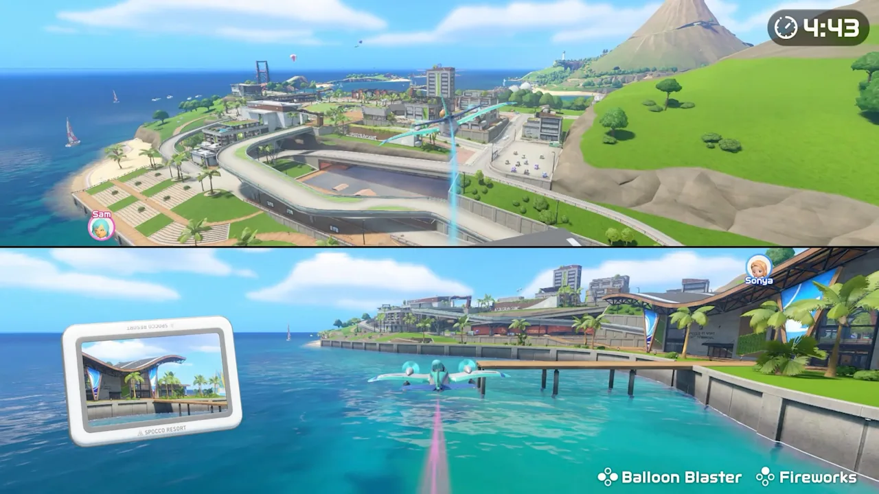 Two-player split-screen Sightseeing Tour over Wuhu Island with a Spocco Photo postcard pop-up