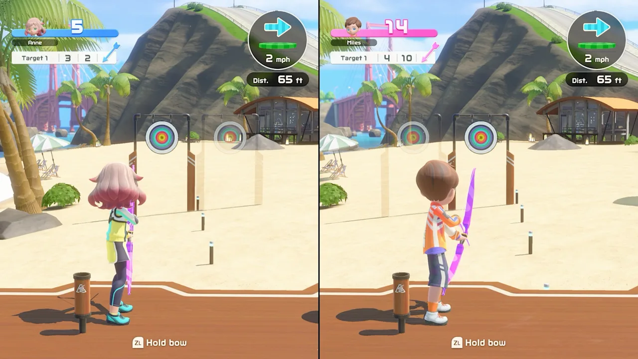 Two-player split-screen Archery on a beach course in Nintendo Switch Sports Resort