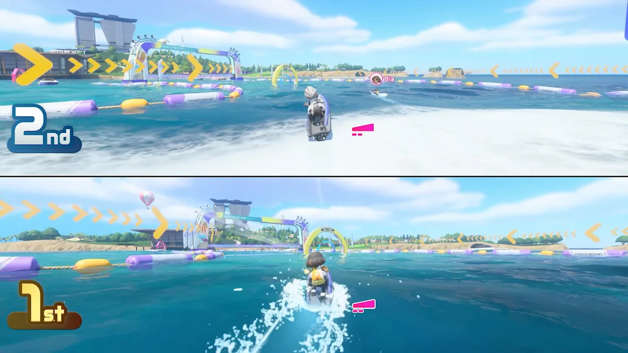 Two-player split-screen Power Cruising race through ring markers on the sea