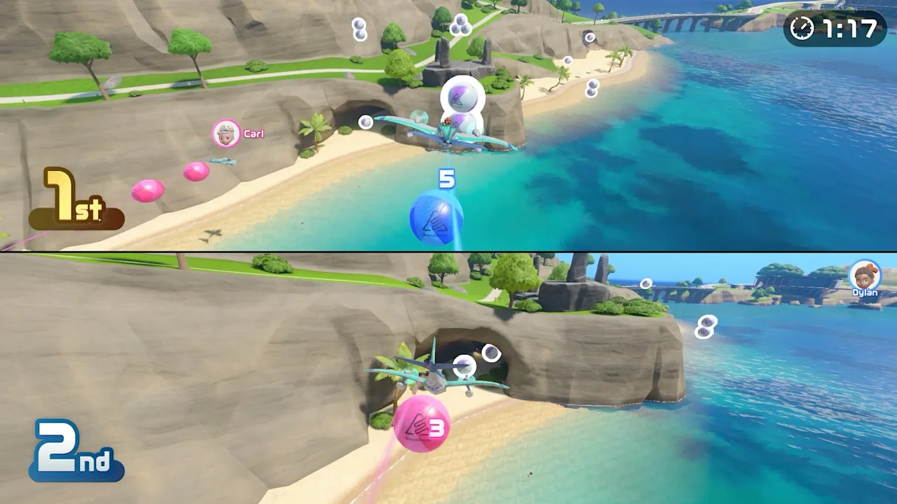 Two-player split-screen Prop Plane battle over the island coast