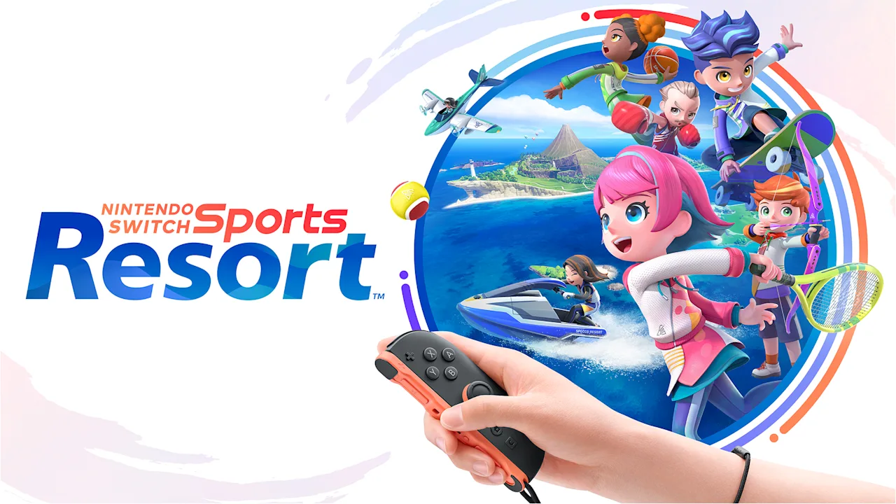 Nintendo Switch Sports Resort key art with Sportsmates, a jet ski and a hand holding a Joy-Con 2