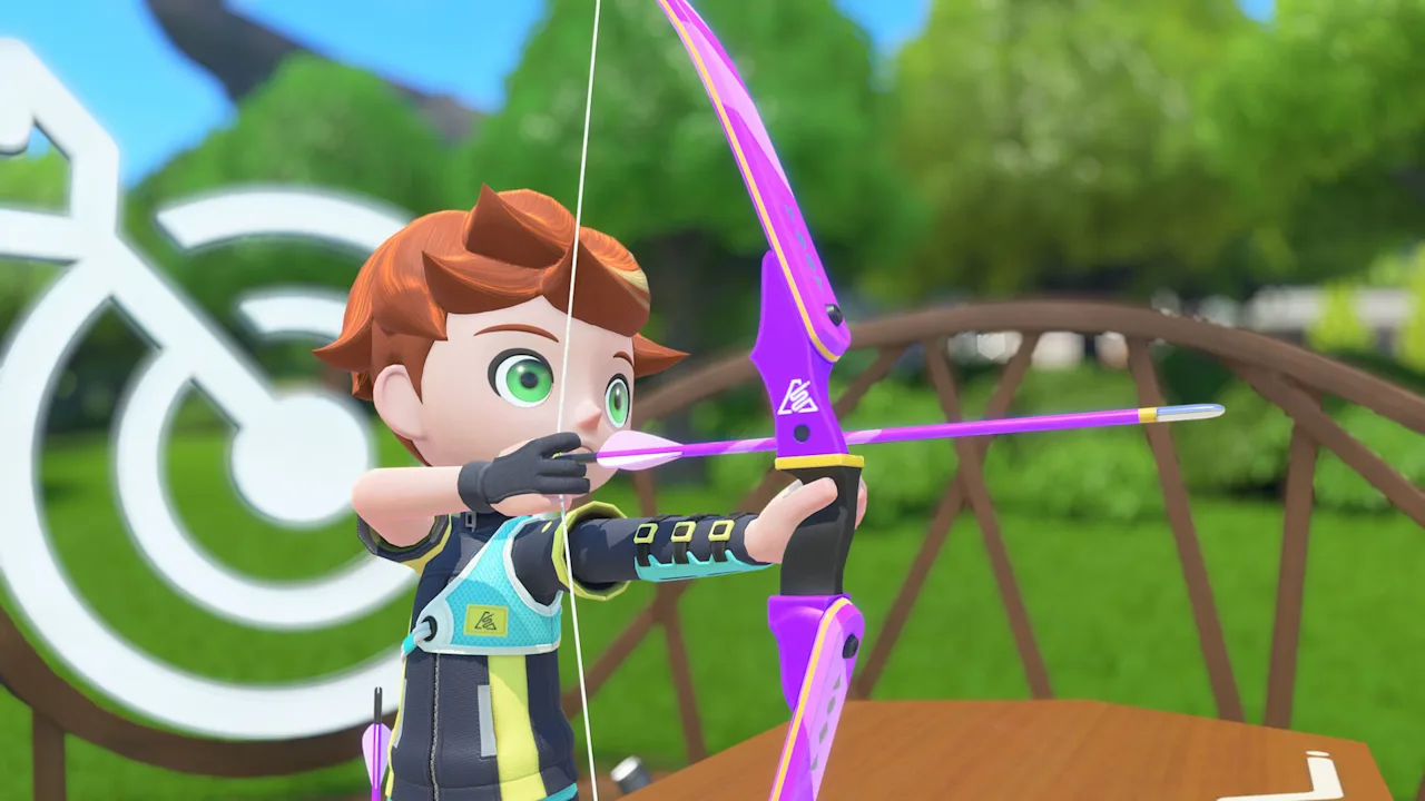 Sportsmate drawing a bow in Archery in front of the target