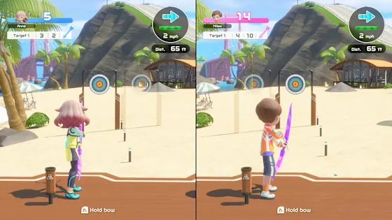 Two-player split-screen Archery on a beach course in Nintendo Switch Sports Resort