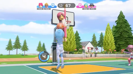 Basketball shot on an outdoor court surrounded by pine trees