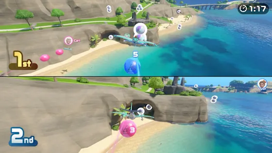 Two-player split-screen Prop Plane battle over the island coast