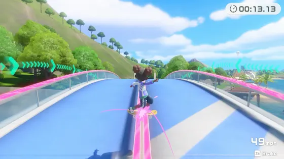 Skateboarder racing down a pink-railed track in Skateboarding